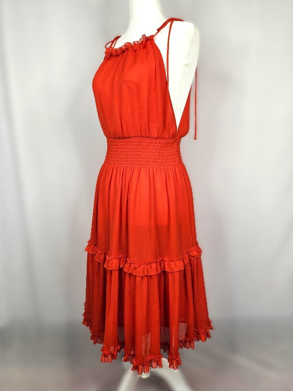 Banana Republic | Deep Open Side Ruffle Midi Dress | Red Orange | XS